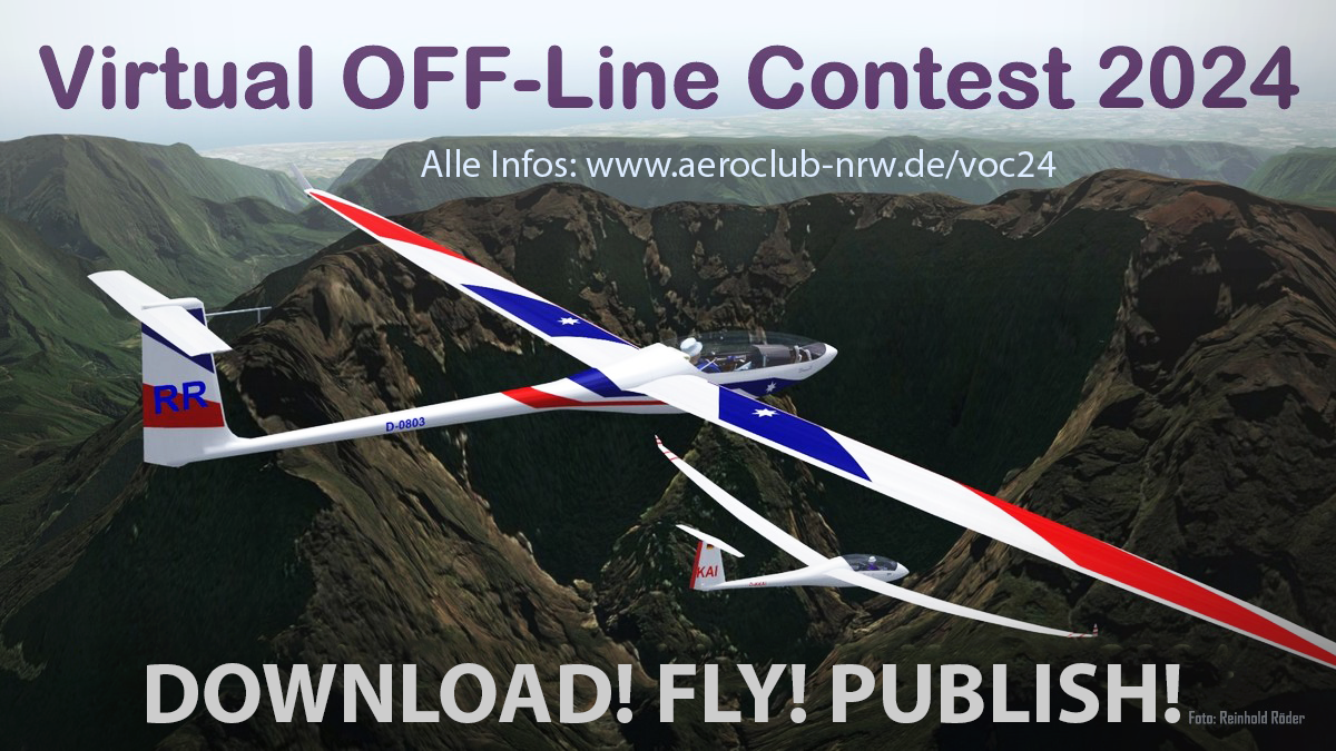 VOC24_Werbebild Virtual OFFline Contest 2024 - Alle Infos auf www.aeroclub-nrw.de/voc24. Im Hintergrund sieht man ein Virtuelles Segelflugzeug das über Virtuelles Bergsgebirge fliegt.