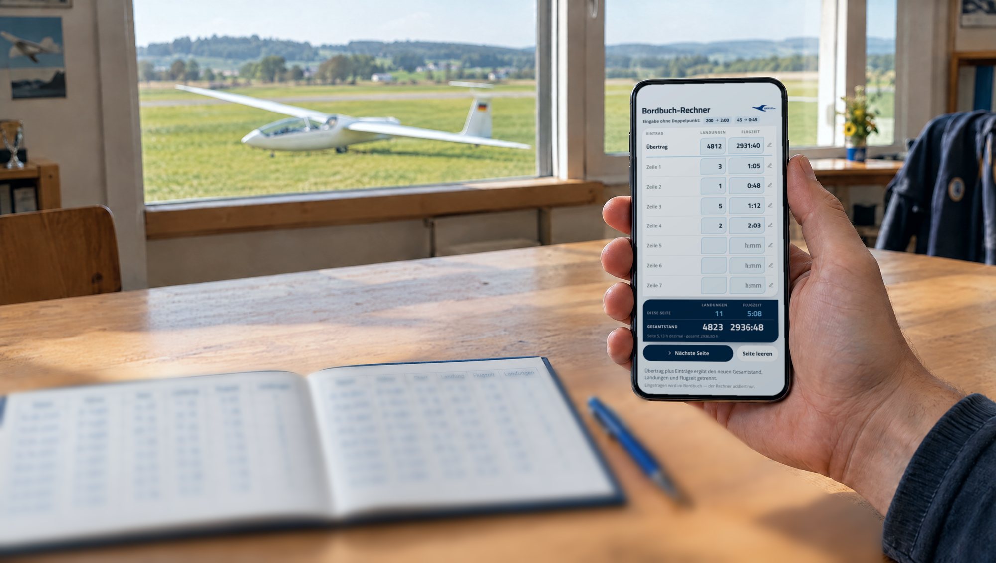 Hand hält ein Smartphone mit dem Bordbuch-Rechner, davor unscharf ein aufgeschlagenes Bordbuch, im Hintergrund ein Segelflugzeug am Flugplatz