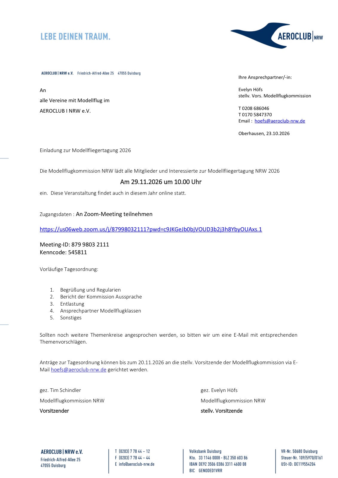 Einladung der Modellflugkommission NRW zur Modellfliegertagung 2026 am 29.11.2026