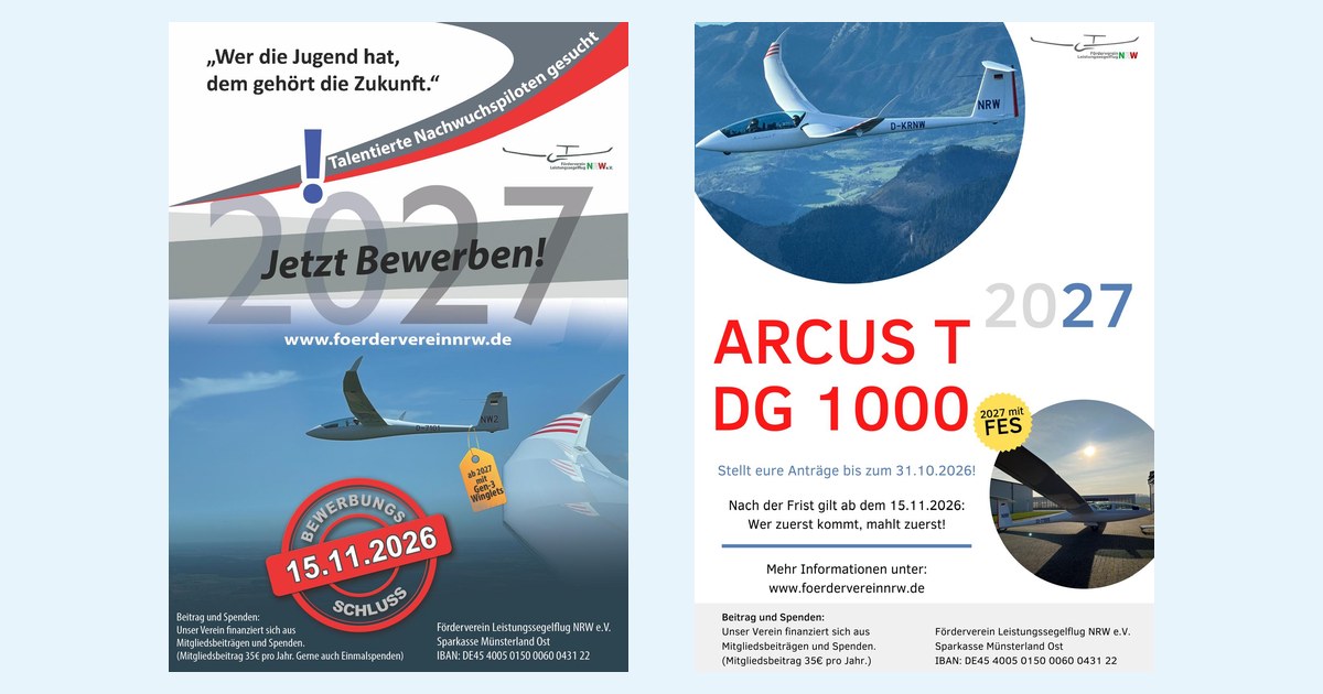 Plakate des Förderverein Leistungssegelflug NRW: Discus 2b für Juniorinnen und Junioren sowie Arcus T und DG 1001 für 2027