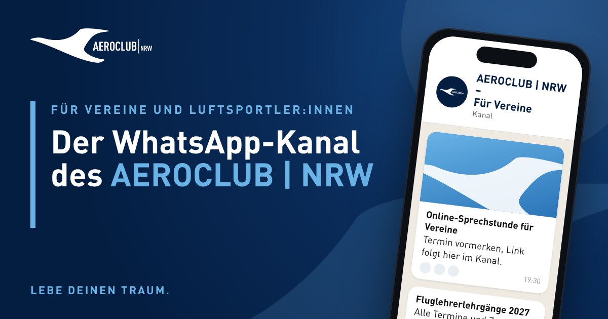 Smartphone mit dem WhatsApp-Kanal „AEROCLUB | NRW – Für Vereine“, daneben der Schriftzug „Der WhatsApp-Kanal des AEROCLUB | NRW“